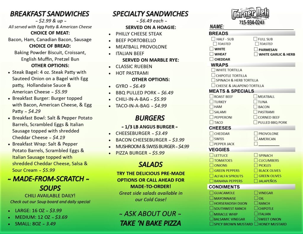 Corner Deli Menu options Northern Lakes Cenex